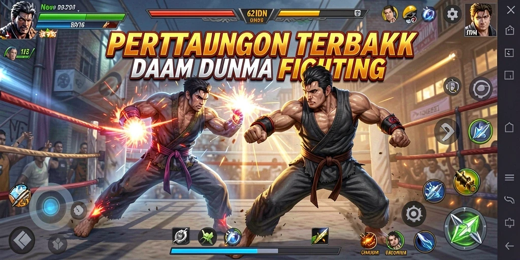 Tampilan gameplay menegangkan dalam 62IDN, pertarungan seru antar karakter.