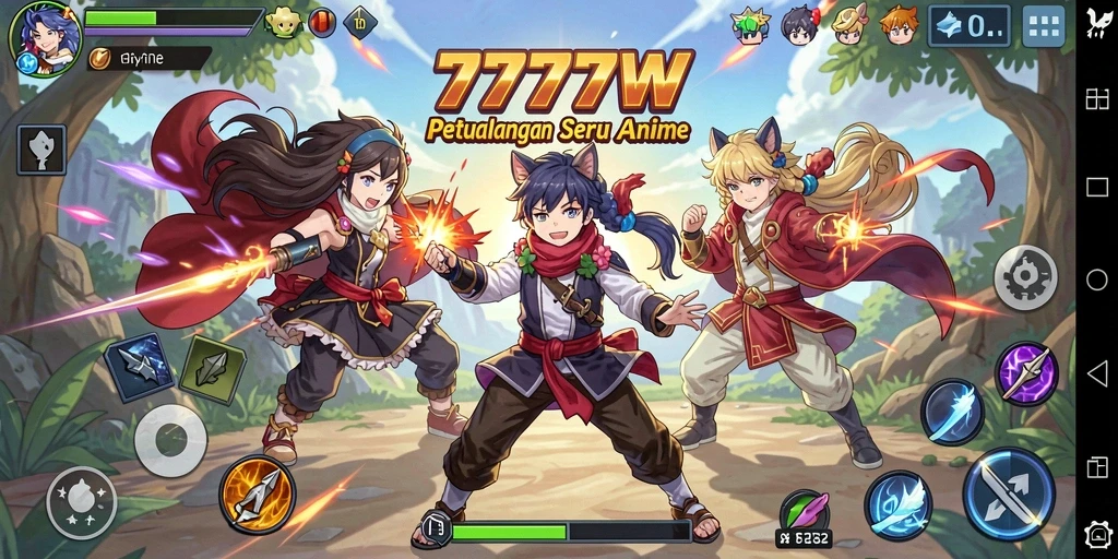 Tangkapan layar gameplay <strong>7777W</strong> menunjukkan pertarungan seru dengan karakter Anime.