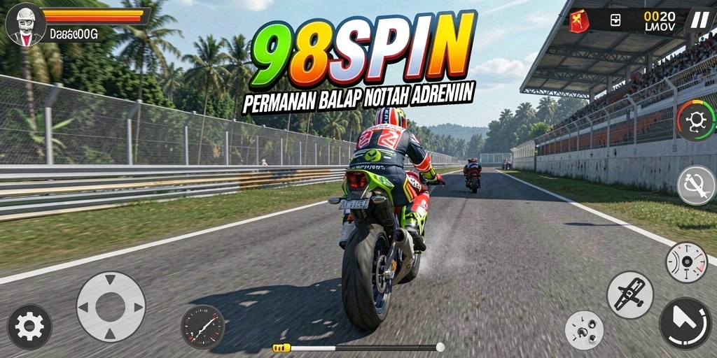 Tangkapan layar gameplay 98SPIN menampilkan aksi balap motor yang mendebarkan.