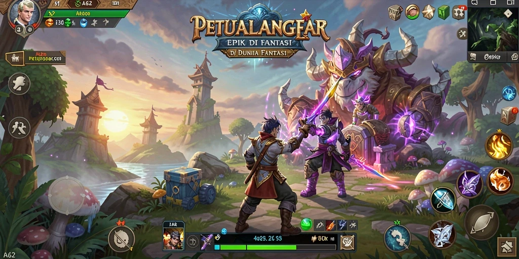 Tangkapan layar utama AA62 menampilkan pertarungan seru dalam dunia fantasi.