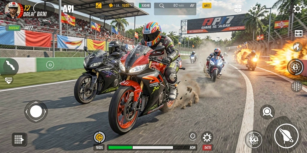Tampilan gameplay balapan motor yang mengasyikkan dan penuh aksi.