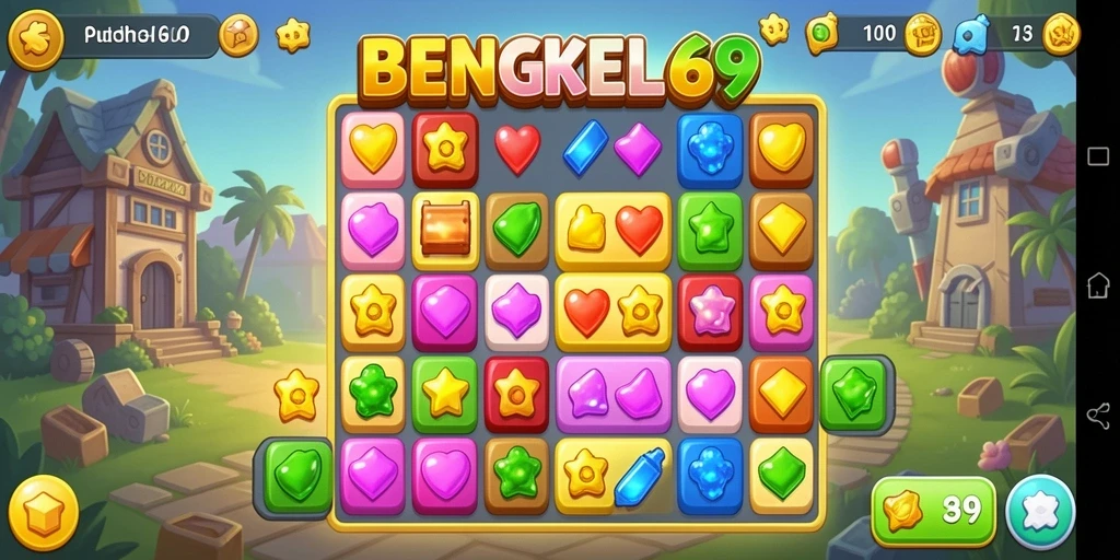 Screenshot menunjukkan gameplay seru BENGKEL69 dengan elemen yang colorful.