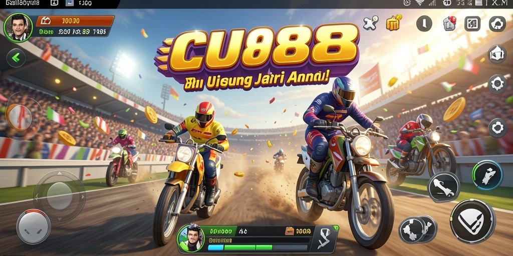 Tangkapan layar CU888 menampilkan balapan mendebarkan dengan mobil cepat dan lintasan berliku.