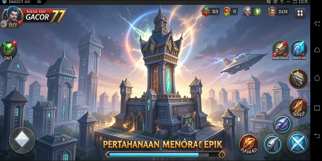 Screenshot utama GACOR77 menampilkan serangan menara strategis melawan musuh.