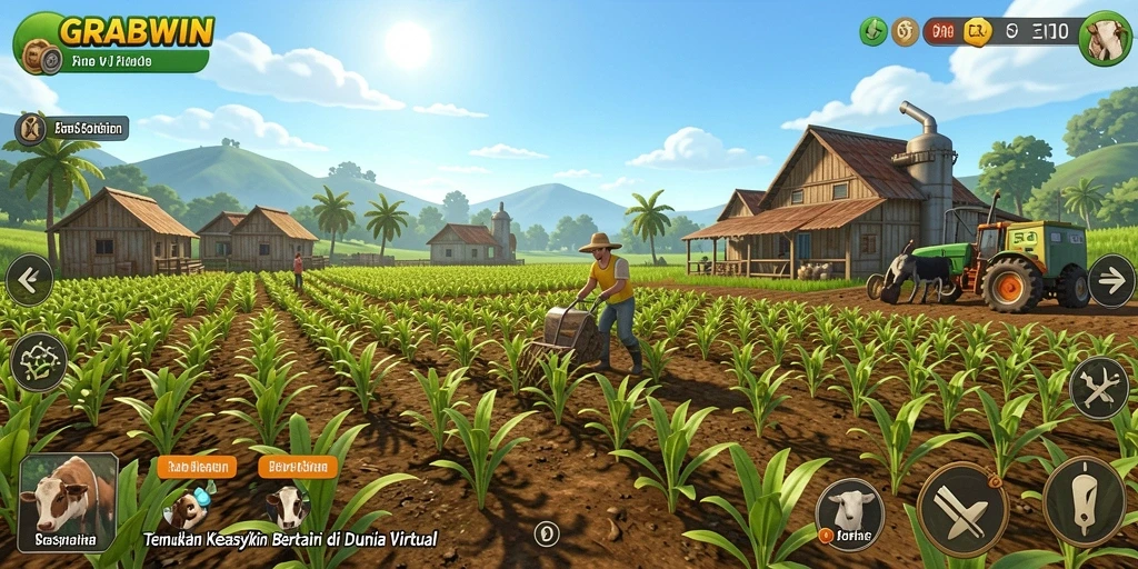 Tampilan gameplay GRABWIN dengan aktivitas bertani yang seru.