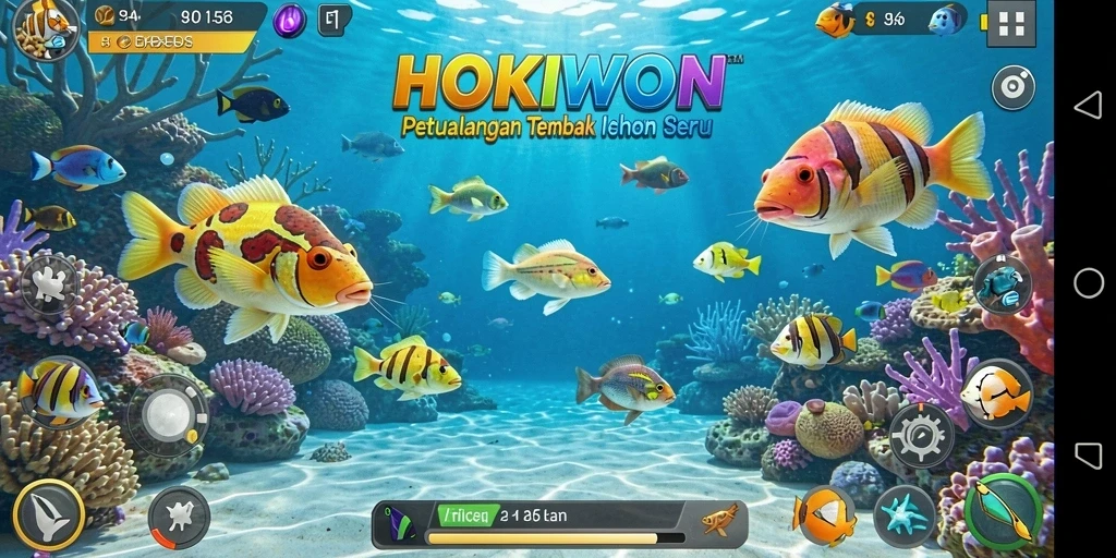 Screenshot HOKIWON menampilkan aksi seru menangkap ikan.