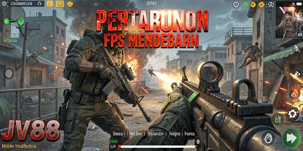 Tangkapan layar gameplay JV88 yang menunjukkan aksi tembak-menembak yang intens.