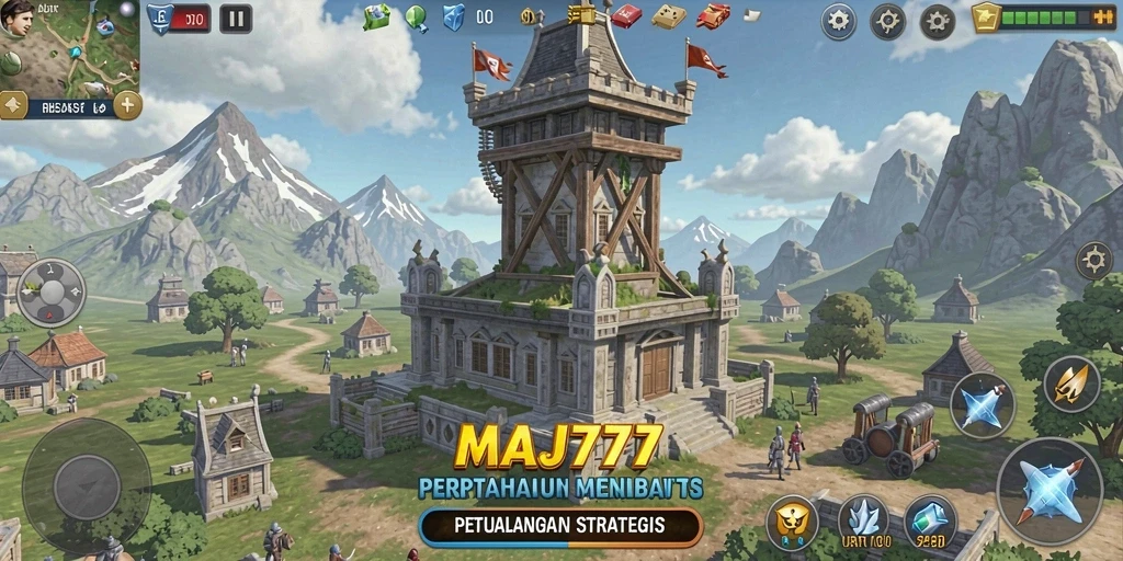 Screenshot gameplay Tower Defense dengan menara dan musuh yang beragam.