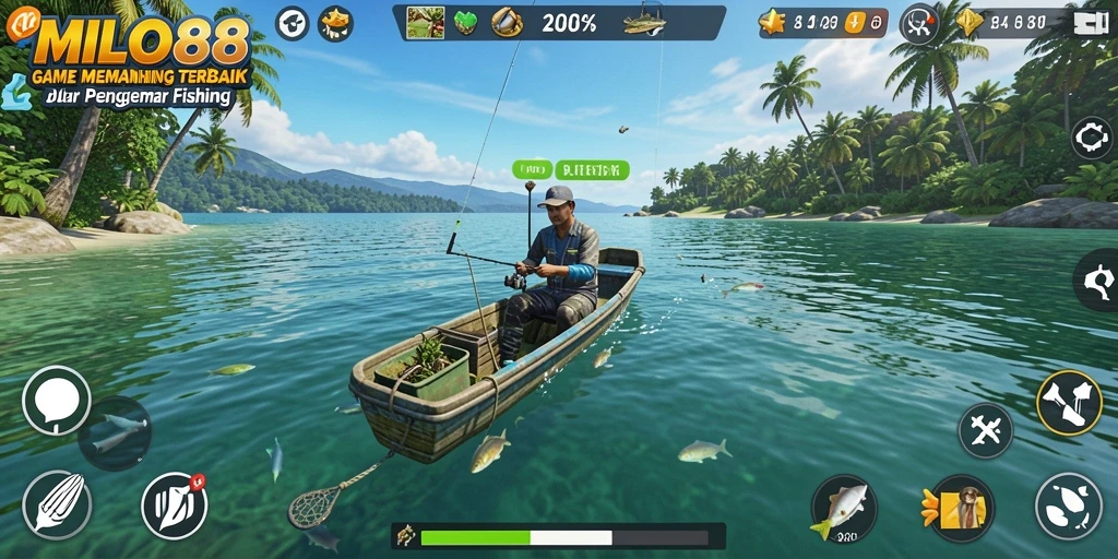 Tampilan gameplay <strong>MILO88</strong> saat memancing dengan berbagai alat dan lokasi.