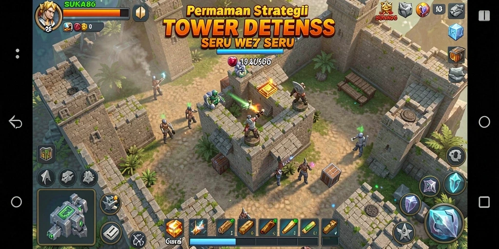 Tampilan gameplay kuat dengan menara pertahanan yang beragam dan musuh yang menantang.
