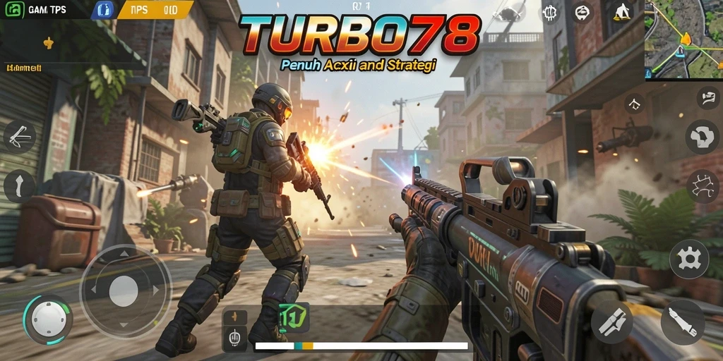 Screenshot gameplay TURBO78 menunjukkan pertempuran seru dalam TPS.