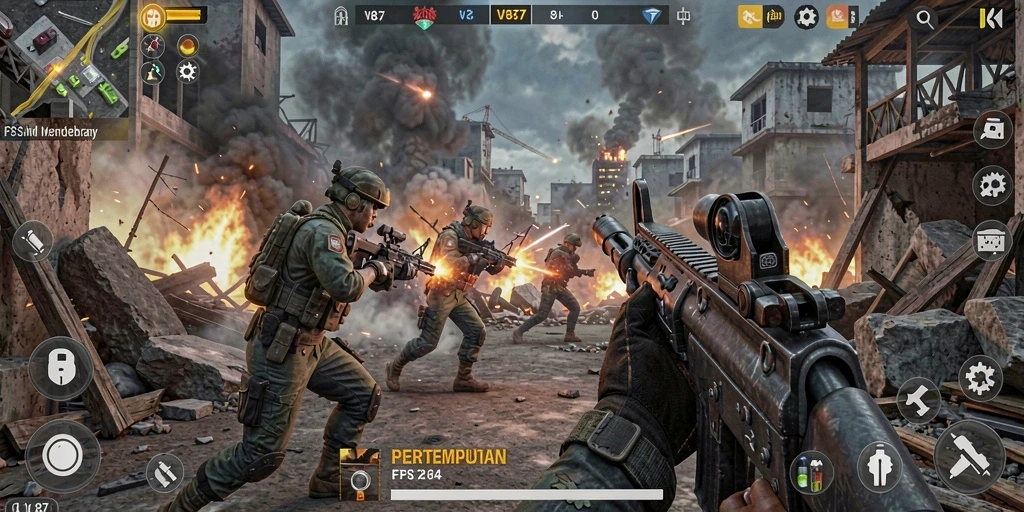 Screenshot V87 menampilkan aksi tembak-menembak yang intens di medan perang.